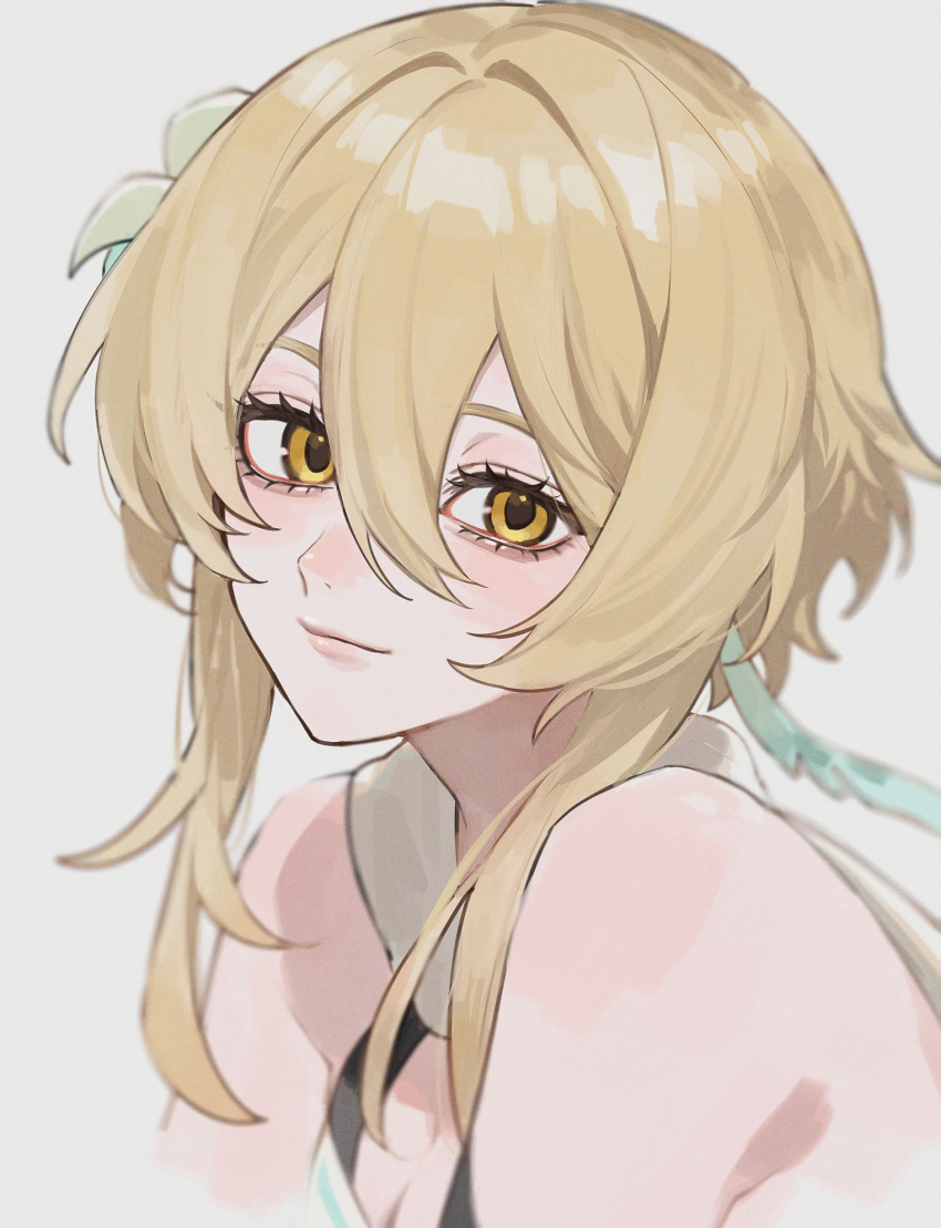 blonde_hair blurry cropped_arms cropped_torso depth_of_field female flower genshin_impact hair_between_eyes hair_flower hair_ornament highres itou_(very_ito) light_smile lumine_(genshin_impact) sidelocks solo white_background yellow_eyes