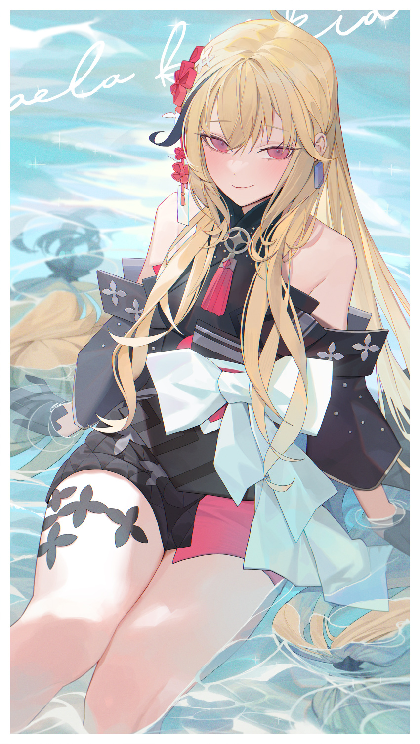 absurdres bare_shoulders black_hair blonde_hair blush bow detached_sleeves female highres hololive hololive_indonesia japanese_clothes kaela_kovalskia kaela_kovalskia_(new_year) kimono long_hair looking_at_viewer lser116 multicolored_hair obi official_alternate_costume partially_submerged red_eyes sash sitting solo streaked_hair thighs virtual_youtuber water