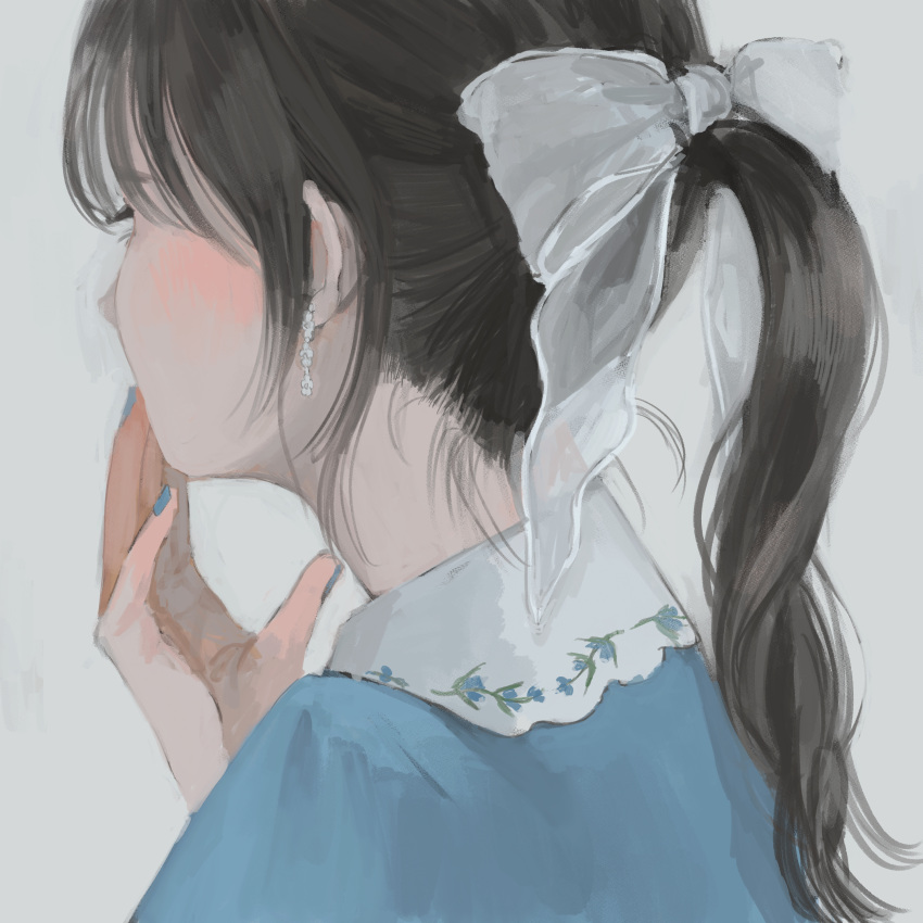 absurdres blue_nails blue_shirt bow brown_hair commentary earrings english_commentary facing_away female from_side grey_background hairbow hand_up highres jewelry long_hair nail_polish original ponytail shirt simple_background solo white_bow yudouhu_(yudouhu_yu_102)