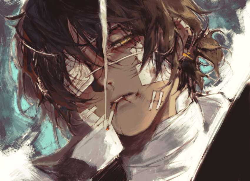 1boy arknights bandages bandaid bandaid_on_face bishounen black_hair blood blood_on_face cigarette dark-skinned_male dark_skin earclip english_commentary eyepatch hair_between_eyes highres male_focus manjyufroth medical_eyepatch mouth_hold portrait short_ponytail simple_background smoke smoking solo stitched_face stitches thorns_(arknights) yellow_eyes