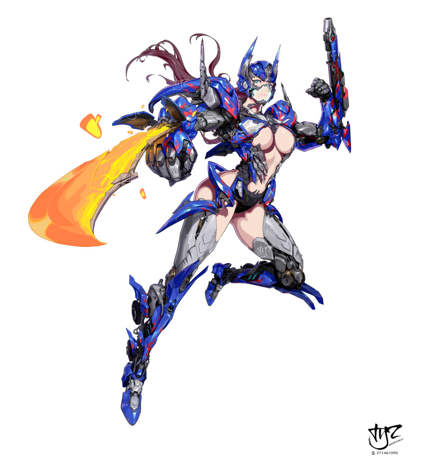 absurdres arm_blade arm_cannon armored_boots blue_eyes boots breasts brown_hair center_opening chinese_commentary clenched_hand energy_blade female floating_hair full_body genderswap_(mtf) goggles highres humanization large_breasts long_hair mecha_musume metal_gloves navel optimus_prime rule_63 science_fiction solo thigh_boots thighhighs transformers transformers_(live_action) underboob weapon white_background zymv587