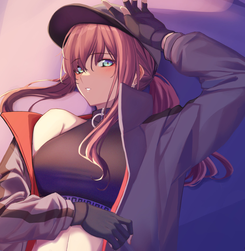 3_small_spiders absurdres ar-57_(girls'_frontline) black_gloves black_tank_top blue_eyes blush breasts commentary_request crop_top earrings female fingerless_gloves girls'_frontline gloves hair_between_eyes hair_ornament hand_on_own_head hand_on_own_stomach highres jacket jewelry long_hair looking_at_viewer lying medium_breasts on_back open_clothes open_jacket open_mouth pink_hair simple_background solo stud_earrings tank_top upper_body white_headwear white_jacket