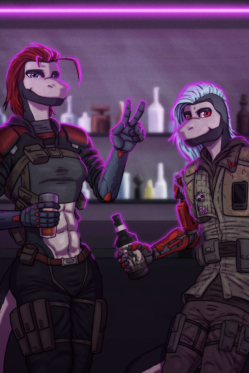 absurd_res alcohol alternative_fashion anthro beverage captain_morgan cybernetic_arm cybernetic_limb cyberpunk diageo duo female ghost_recon hi_res male male/female pencilsmith_artwork pose punk punk_hair reptile rum scalie shadowrun shaved_sides snake tactical_gear tom_clancy's_(series) tomboy ubisoft xira_decobray xiro_decobray