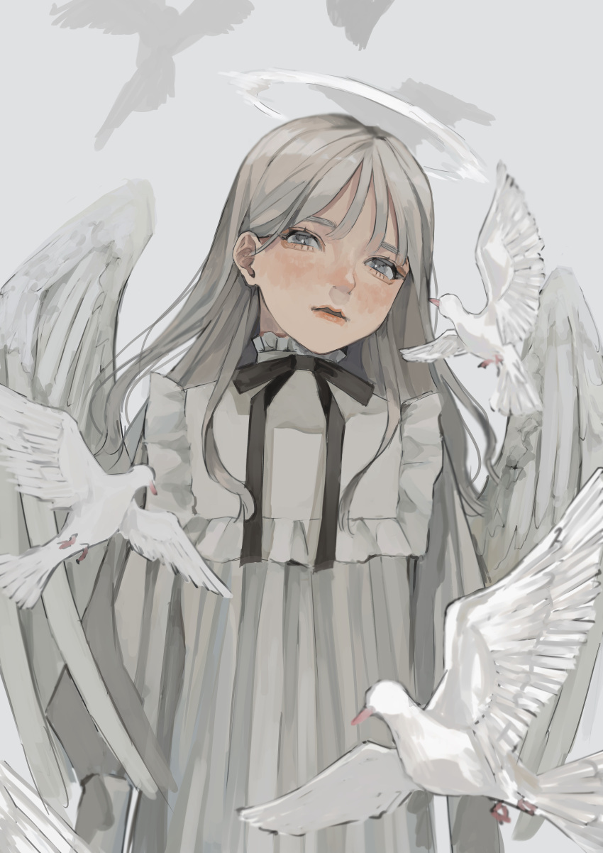 absurdres angel angel_wings bird black_ribbon blush commentary dress feathered_wings female grey_background grey_eyes grey_hair halo highres long_hair looking_at_viewer neck_ribbon original parted_lips ribbon simple_background solo upper_body white_dress white_wings wings yudouhu_(yudouhu_yu_102)