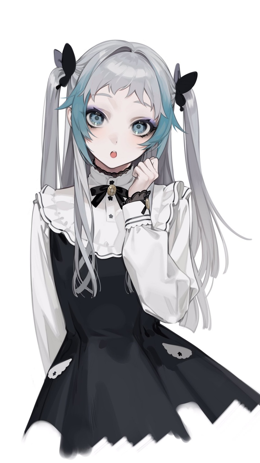 1boy :o aqua_eyes aqua_hair arm_at_side bad_id bad_twitter_id black_bow black_dress black_ribbon bow butterfly_hair_ornament commentary_request cropped_legs cropped_torso die_(ohisashiburi) dress frills grey_hair hair_intakes hair_ornament hairbow hand_up highres long_hair long_sleeves looking_at_viewer makeup male_focus mascara multicolored_hair neck_ribbon ohisashiburi open_mouth original otoko_no_ko puffy_long_sleeves puffy_sleeves ribbon short_bangs simple_background solo twintails two-tone_hair white_background