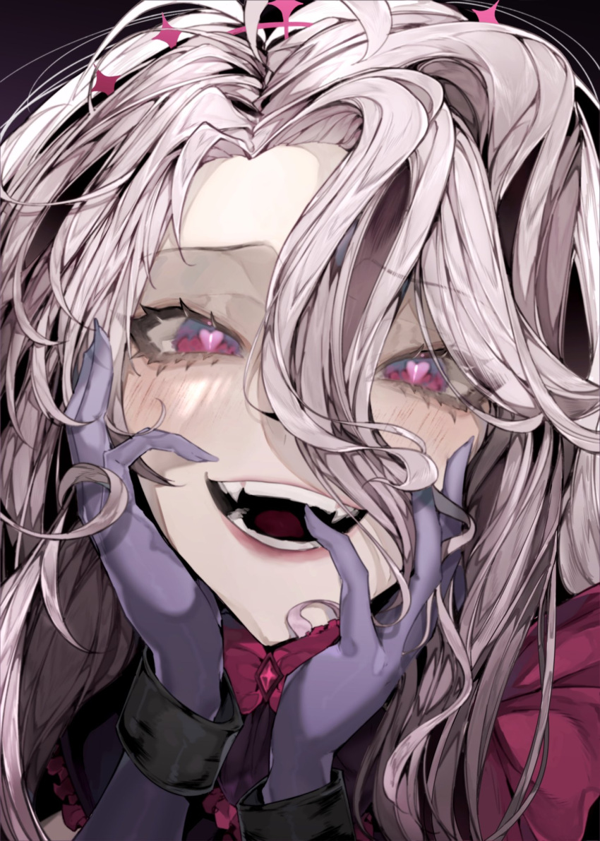 blush female gloves hair_between_eyes hands_on_own_cheeks hands_on_own_face heart heart-shaped_pupils highres indie_virtual_youtuber meme purple_gloves red_eyes second-party_source solo syaden symbol-shaped_pupils teeth tongue virtual_youtuber white_hair yandere_trance ywuria_(vtuber)