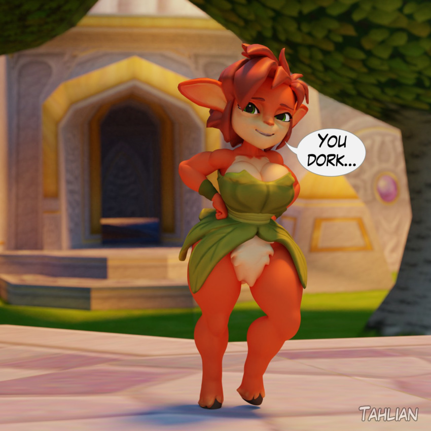 1:1 2020 3d_(artwork) activision anthro big_breasts biped breasts castle cleavage clothed clothing countershade_fur countershade_torso countershading curvy_figure day deer dialogue digital_media_(artwork) dork dress elora english_text eyebrows faun_(spyro) featureless_crotch female fur grass green_clothing green_dress green_eyes hair hands_on_hips hi_res hooves leaf_clothing leaf_dress looking_at_viewer mammal outside plant plant_clothing plant_dress pose short_hair smile solo speech_bubble spyro_reignited_trilogy spyro_the_dragon standing tahlian tan_body tan_fur text thick_thighs tree wide_hips