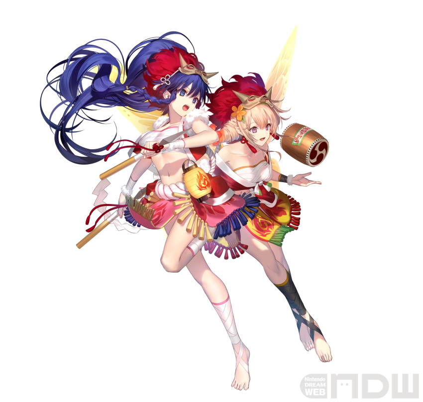 2girls :d absurdres bandaged_leg bandages blonde_hair blue_eyes blue_hair breasts chest_sarashi fire_emblem fire_emblem:_the_sacred_stones fire_emblem_heroes fur_trim hair_between_eyes highres holding holding_polearm holding_weapon large_breasts long_hair mashima_saki_(mashimasa) mask mask_on_head midriff miniskirt multiple_girls navel official_alternate_costume official_art open_mouth peony_(fire_emblem) peony_(flame)_(fire_emblem) pink_skirt polearm ponytail purple_eyes red_skirt rope_belt sarashi sidelocks simple_background skirt smile spear stomach strapless tana_(fire_emblem) tana_(flame)_(fire_emblem) tube_top very_long_hair weapon white_background wrist_wrap