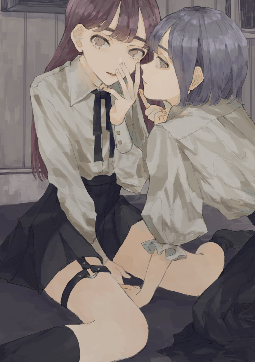 2girls black_ribbon black_skirt blouse brown_eyes closed_mouth collared_shirt commentary_request garter_straps hand_up highres kneeling long_hair long_sleeves looking_at_viewer multiple_girls neck_ribbon original parted_lips purple_hair red_hair ribbon school_uniform shirt short_hair sitting skirt thigh_strap wariza white_shirt yudouhu_(yudouhu_yu_102)