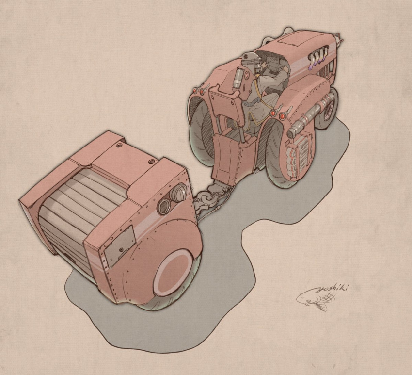 1boy artist_name beige_background driving from_above from_behind gaimoon helmet original science_fiction tractor vehicle_focus wheel