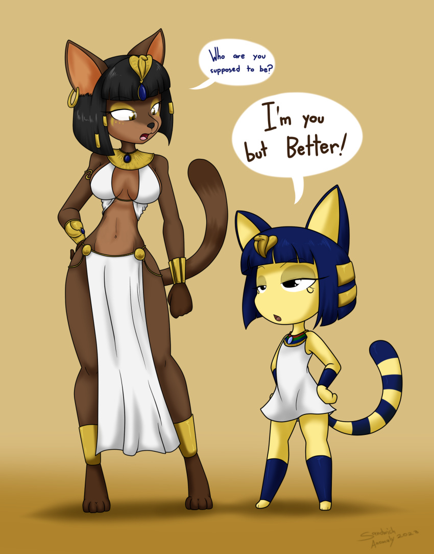 2023 3_toes 4_toes animal_crossing ankha_(animal_crossing) anthro armor barefoot bast black_eyes black_hair blue_body blue_fur blue_hair breasts brown_body brown_eyes brown_fur clothing deity dialogue domestic_cat dress duo ear_piercing ear_ring egyptian egyptian_clothing egyptian_headdress egyptian_mythology english_text eyeshadow feet felid feline felis female flat_chested fur gold_(metal) gold_bracers gold_jewelry gold_neckwear hair hi_res jewelry makeup mammal markings medium_breasts middle_eastern_mythology multicolored_body multicolored_fur mythology navel nintendo open_mouth pelvic_curtain piercing ring_piercing sandwich-anomaly shirt simple_background size_difference speech_bubble standing striped_markings striped_tail stripes tail tail_markings text toes topwear two_tone_body two_tone_fur vambrace white_clothing white_dress white_shirt white_topwear wrap_bra yellow_background yellow_body yellow_eyeshadow yellow_fur