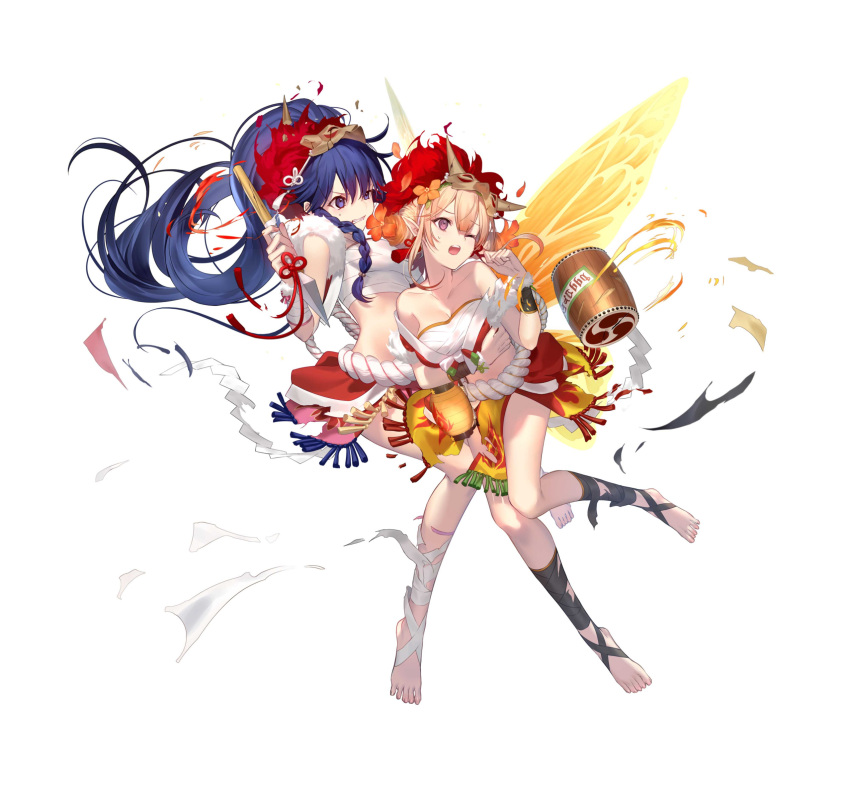 2girls ;o absurdres bandaged_leg bandages blonde_hair blue_eyes blue_hair breasts chest_sarashi clenched_teeth fire_emblem fire_emblem:_the_sacred_stones fire_emblem_heroes fur_trim hair_between_eyes highres holding holding_polearm holding_weapon large_breasts long_hair mashima_saki_(mashimasa) mask mask_on_head midriff miniskirt multiple_girls navel off_shoulder official_alternate_costume official_art one_eye_closed open_mouth peony_(fire_emblem) peony_(flame)_(fire_emblem) pink_skirt polearm ponytail purple_eyes red_skirt rope_belt sarashi sidelocks simple_background skirt spear stomach strapless tana_(fire_emblem) tana_(flame)_(fire_emblem) teeth tube_top very_long_hair weapon white_background wrist_wrap