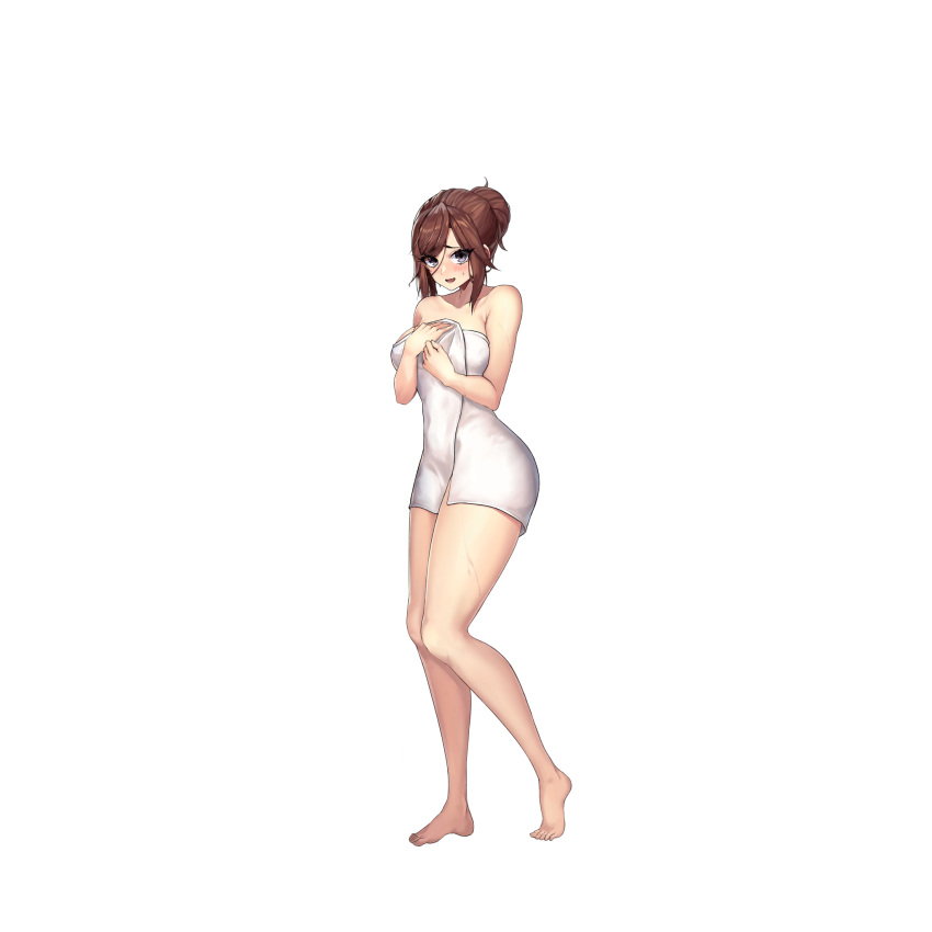 barefoot blush breast_hold breasts brown_hair collarbone covering_breasts covering_privates d-log female full_body grey_eyes hair_between_eyes hair_bun highres kheshig_(last_origin) last_origin looking_at_viewer medium_breasts naked_towel official_alternate_costume official_art open_mouth simple_background solo tachi-e thick_thighs thighs third-party_source towel transparent_background wet white_towel