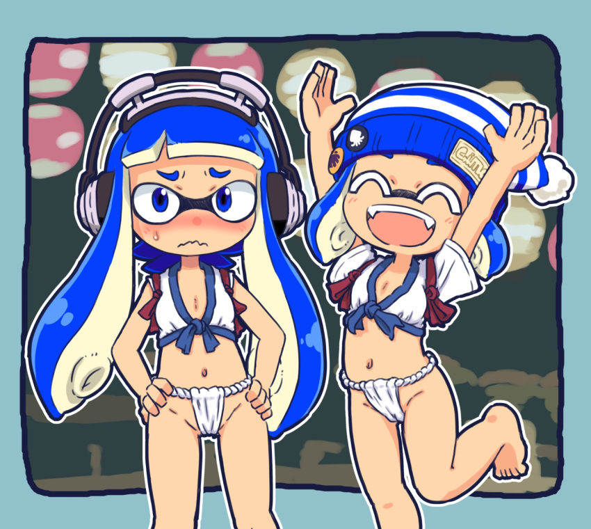 2girls ^_^ arms_up badge bare_legs barefoot blue_eyes blue_hair bobble-chan_(splatoon) bobblehat breasts button_badge cameltoe closed_eyes closed_mouth fangs frown fundoshi furrowed_brow groin hands_on_own_hips headphone-chan_(splatoon) headphones highres ikaheigen inkling inkling_girl inkling_player_character japanese_clothes lantern leg_up long_hair multiple_girls navel outline paper_lantern short_hair short_sleeves small_breasts splatoon_(manga) splatoon_(series) striped_clothes striped_headwear suction_cups teeth tentacle_hair wavy_mouth white_outline