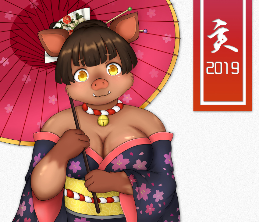 2019 anthro asian_clothing breasts cleavage clothed clothing east_asian_clothing eyebrow_through_hair eyebrows female front_view hair hi_res holding_object japanese_clothing looking_at_viewer mammal multicolored_clothing oil-paper_umbrella shibaemonxsk solo suid suina sus_(pig) text translucent translucent_hair wild_boar yukata