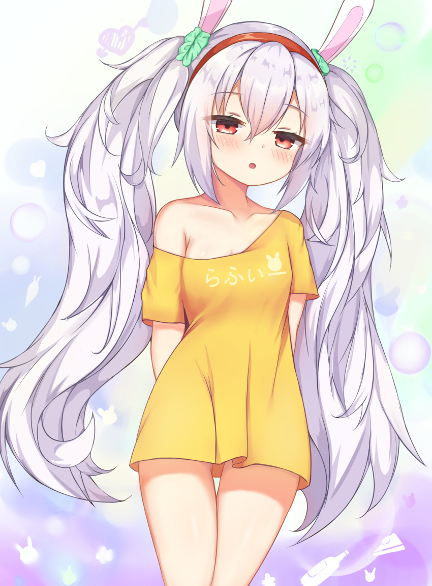 alternate_costume animal_ears arms_behind_back azur_lane blush breasts casual cleavage collarbone commentary_request contemporary cowboy_shot duplicate eyes_visible_through_hair fake_animal_ears female gradient_background hairband half-closed_eyes highres irokari laffey_(azur_lane) long_hair looking_at_viewer no_pants oversized_clothes parted_lips pixel-perfect_duplicate rabbit_ears red_eyes shirt single_bare_shoulder solo t-shirt translation_request twintails very_long_hair white_hair yellow_shirt