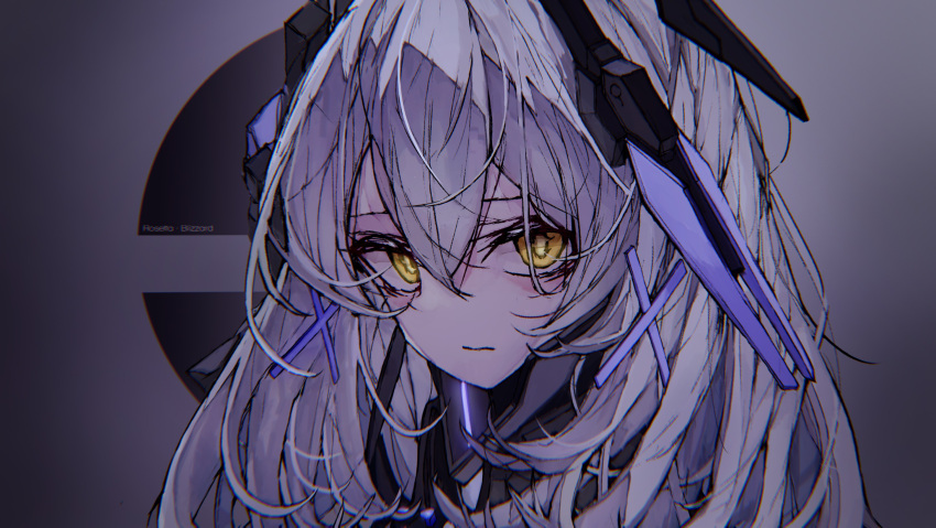 chin_guard closed_mouth female hair_between_eyes hair_ornament hairclip highres korean_commentary long_hair looking_at_viewer mecha_musume mechanical min_(aovo_a) power_suit punishing:_gray_raven rosetta:_rigor_(punishing:_gray_raven) rosetta_(punishing:_gray_raven) science_fiction simple_background solo white_hair x_hair_ornament yellow_eyes