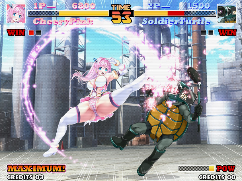 1boy aigan_tenshi_cheery_pink blue_eyes boots breasts cheery_pink day elbow_gloves fake_screenshot fatal_fury female fighting_game gloves health_bar highres jumping kicking large_breasts long_hair low-tied_long_hair magical_girl miniskirt outdoors panties pink_hair pink_panties pink_skirt pleated_skirt skirt striped_clothes striped_panties the_king_of_fighters thigh_boots thighhighs underwear user_interface v-mag white_footwear white_gloves wolfgang_krauser