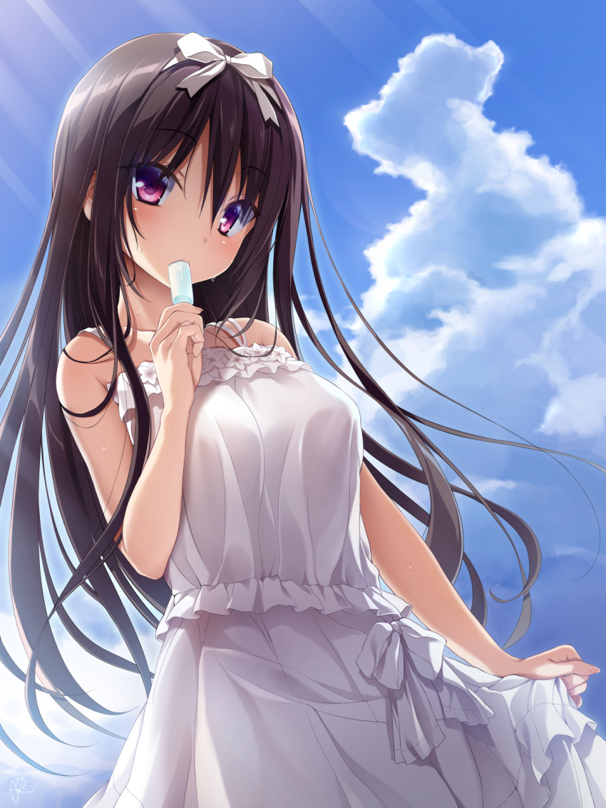 amatsutsumi bare_arms bare_shoulders black_hair blue_sky blush bow breasts chaamii cloud commentary_request cowboy_shot day dress eating female food frilled_dress frills hairbow highres holding holding_food long_hair medium_breasts oribe_kokoro outdoors popsicle purple_eyes skirt_hold sky sleeveless solo sundress sweat very_long_hair white_bow white_dress