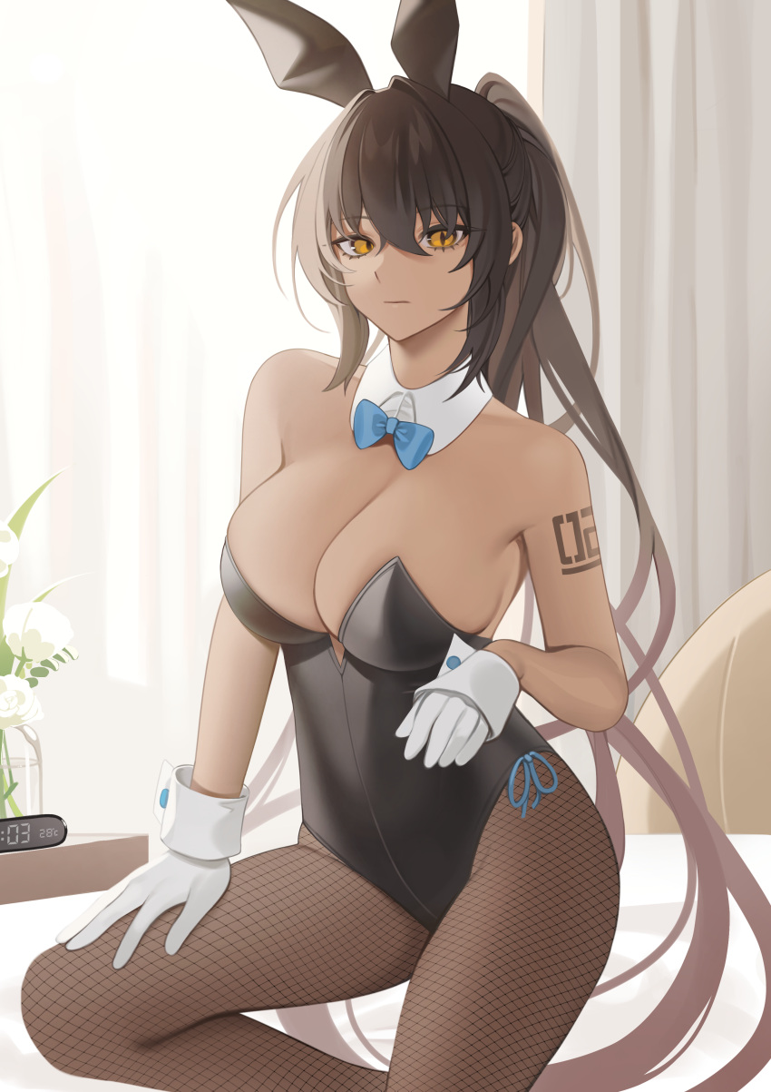 absurdres alarm_clock animal_ears bare_arms bare_shoulders black_hair black_leotard blue_archive blue_bow blue_bowtie bow bowtie breasts cleavage clock dark-skinned_female dark_skin detached_collar fake_animal_ears female fishnet_pantyhose fishnets gloves hair_between_eyes highres indoors karin_(blue_archive) karin_(bunny)_(blue_archive) kashiko_(kshiko1) large_breasts leotard long_hair looking_at_viewer number_tattoo official_alternate_costume pantyhose playboy_bunny rabbit_ears shoulder_tattoo sideboob solo strapless strapless_leotard tattoo very_long_hair white_gloves wrist_cuffs yellow_eyes