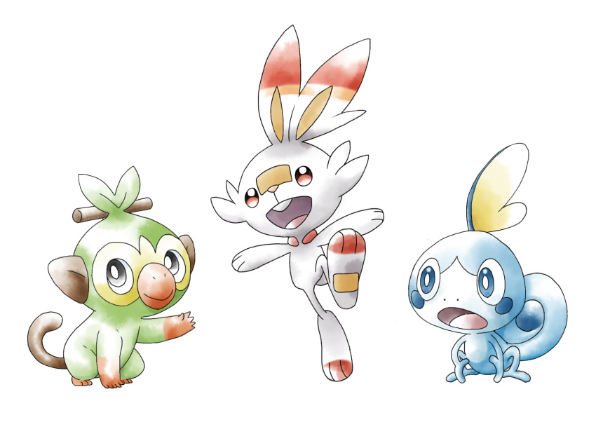 2020 ambiguous_gender cosmo_(artist) feral fur generation_8_pokemon grookey group hi_res lagomorph looking_at_viewer mammal nintendo open_mouth pokemon pokemon_(species) primate red_eyes reptile scalie scorbunny smile sobble style_emulation teeth white_body white_fur