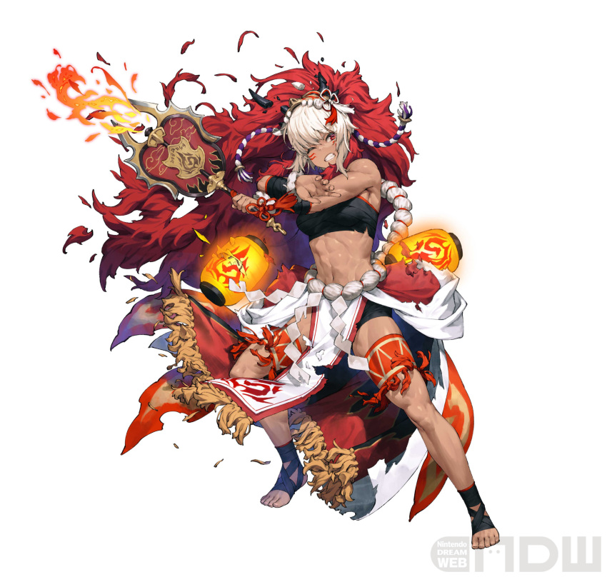 absurdres bandages bandeau bare_legs bare_shoulders breasts chest_sarashi chyko clenched_teeth dark-skinned_female dark_skin facial_mark female fire fire_emblem fire_emblem_fates fire_emblem_heroes full_body hair_between_eyes hand_fan highres holding holding_fan long_hair mask mask_on_head medium_breasts midriff multicolored_hair muscular muscular_female navel official_alternate_costume official_art one_eye_closed paper_fan red_eyes red_hair rinkah_(fire_emblem) rinkah_(flame)_(fire_emblem) sarashi simple_background skirt solo stomach strapless teeth thigh_strap third-party_edit third-party_watermark tube_top two-tone_hair uchiwa very_long_hair whisker_markings white_background white_hair white_skirt