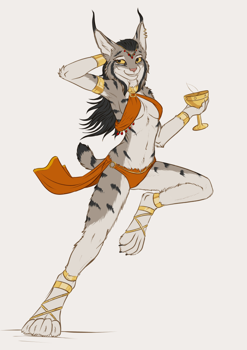 absurd_res anthro armring black_hair container cup ear_piercing ear_ring felid feline female golden_collar hair hi_res lynx mammal mira_(spectronic) piercing ring_piercing smile solo spectronic standing yellow_eyes