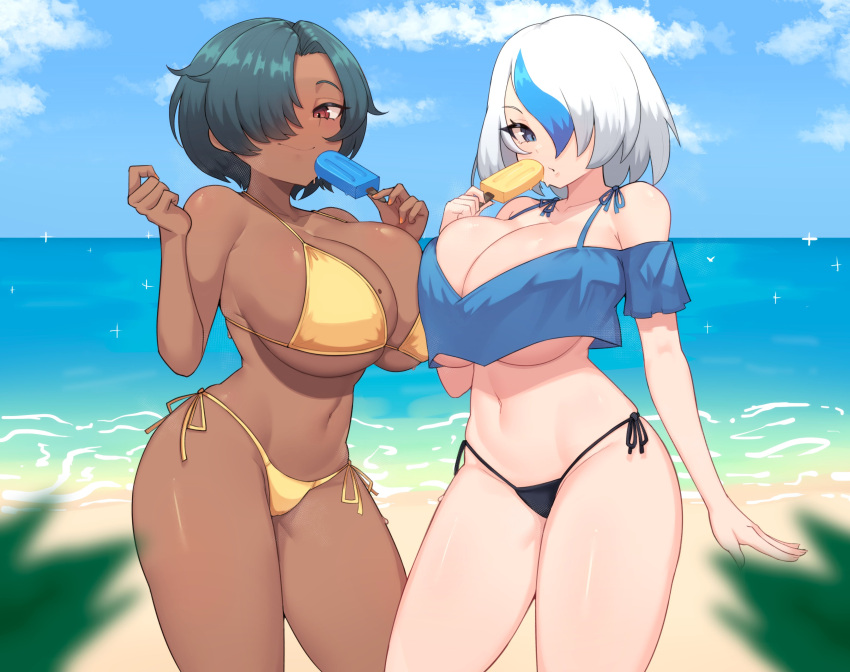 2girls absurdres bare_shoulders beach bikini black_hair blue_eyes blue_hair borrowed_character breasts commission crop_top dark-skinned_female dark_skin day dima_(mr_december206) food highres huge_breasts looking_at_viewer mole mole_on_breast moursho multicolored_hair multiple_girls original outdoors paz_ruiz_(akairiot) popsicle shiny_skin short_hair side-tie_bikini_bottom sky streaked_hair swimsuit white_hair