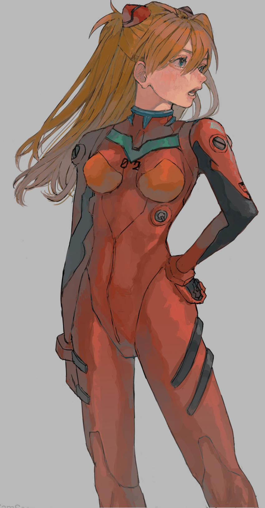 absurdres blue_eyes bodysuit breasts commentary feet_out_of_frame female grey_background hairpods hand_on_own_hip highres interface_headset legs_apart long_hair looking_away neon_genesis_evangelion open_mouth orange_hair plugsuit red_bodysuit simple_background skin_tight small_breasts solo souryuu_asuka_langley yudouhu_(yudouhu_yu_102)