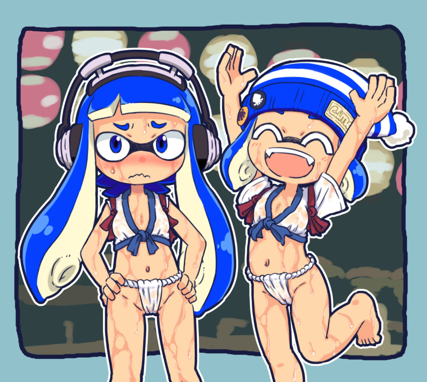 2girls ^_^ arms_up badge bare_legs barefoot blue_eyes blue_hair bobble-chan_(splatoon) bobblehat breasts button_badge cameltoe closed_eyes closed_mouth commentary_request fangs frown fundoshi furrowed_brow groin hands_on_own_hips headphone-chan_(splatoon) headphones highres ikaheigen inkling inkling_girl inkling_player_character japanese_clothes lantern leg_up long_hair multiple_girls navel outline paper_lantern partial_commentary short_hair short_sleeves small_breasts splatoon_(manga) splatoon_(series) striped_clothes striped_headwear suction_cups teeth tentacle_hair water wavy_mouth wet white_outline