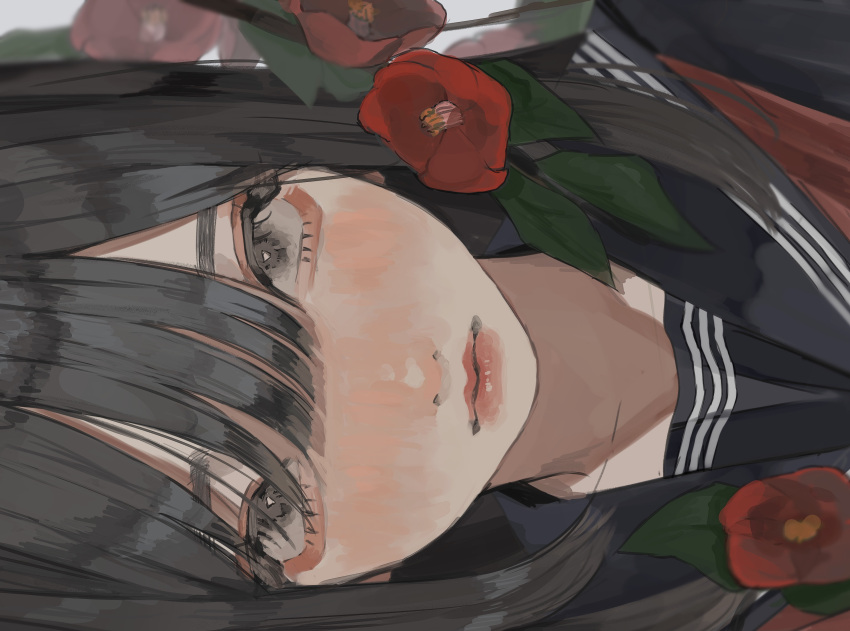 black_sailor_collar black_serafuku black_shirt brown_eyes brown_hair camellia close-up closed_mouth commentary_request female flower highres leaf long_hair looking_at_viewer original red_flower red_lips sailor_collar school_uniform serafuku shirt solo upper_body yudouhu_(yudouhu_yu_102)