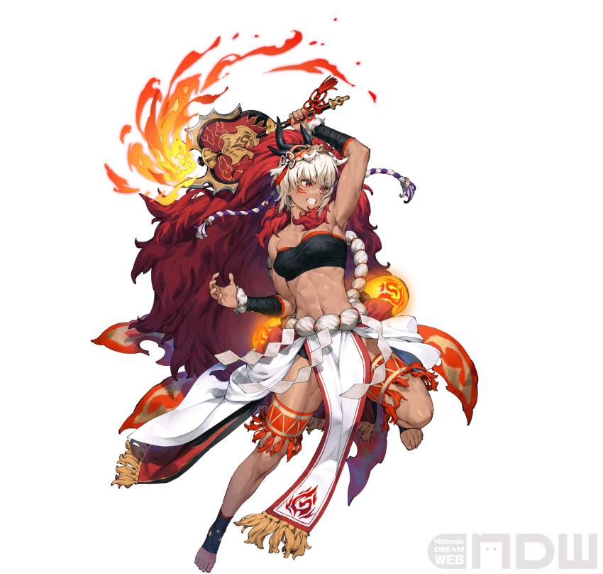 absurdres arm_up armpits bandages bandeau bare_legs bare_shoulders breasts chest_sarashi chyko clenched_teeth dark-skinned_female dark_skin facial_mark female fire fire_emblem fire_emblem_fates fire_emblem_heroes full_body hair_between_eyes hand_fan highres holding holding_fan long_hair mask mask_on_head medium_breasts midriff multicolored_hair muscular muscular_female navel official_alternate_costume official_art paper_fan red_eyes red_hair rinkah_(fire_emblem) rinkah_(flame)_(fire_emblem) sarashi simple_background skirt solo stomach strapless teeth thigh_strap third-party_edit third-party_watermark tube_top two-tone_hair uchiwa very_long_hair whisker_markings white_background white_hair white_skirt