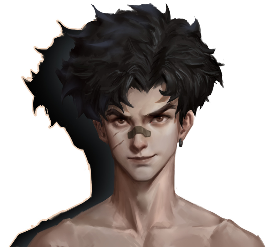 1boy bandaid bandaid_on_face bandaid_on_nose black_hair brown_eyes collarbone earrings highres jewelry joe_(megalo_box) looking_at_viewer male_focus megalo_box portrait scar scar_on_face shadow simple_background single_earring solo stan. white_background