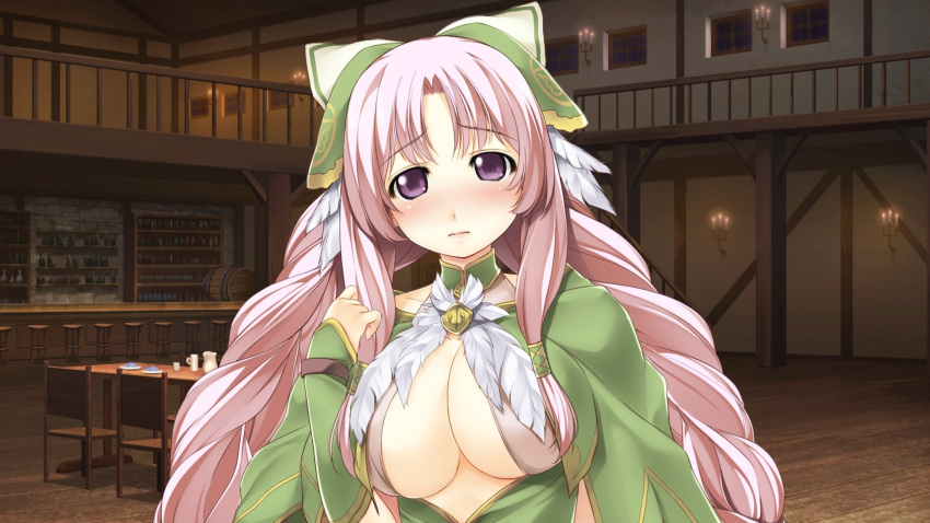 atelier-moo blush braid breasts cleavage closed_mouth curtained_hair dress drunk female highres large_breasts long_hair long_sleeves looking_at_viewer narrow_waist night nina_lazydaisy pink_eyes pink_hair ribbon sad smile solo standing tavern twin_braids upper_body wizards_symphony