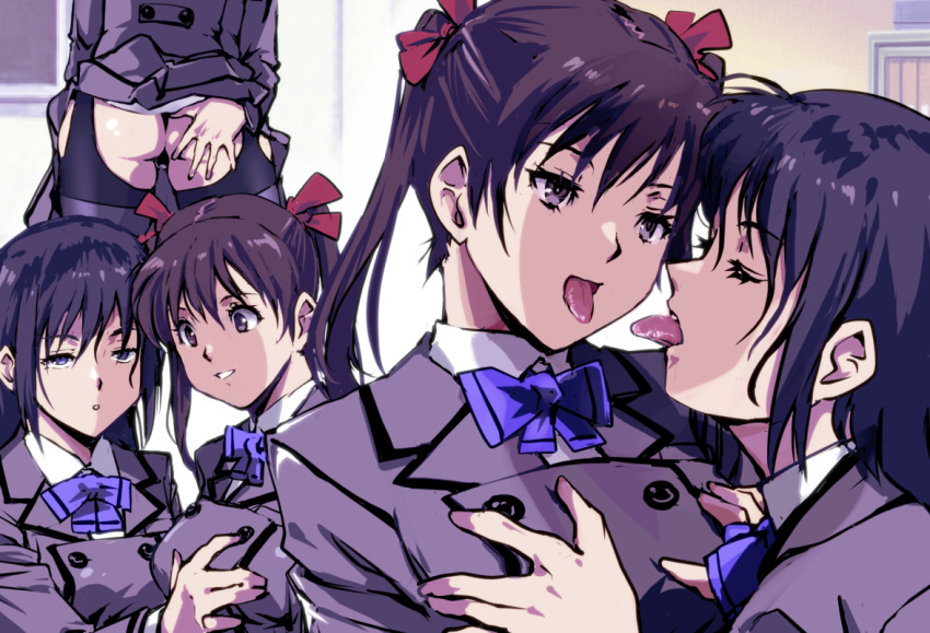 2girls ass ass_grab black_hair black_panties black_thighhighs blue_eyes breasts brown_eyes buttons commentary_request double-breasted french_kiss garter_straps grey_jacket grey_skirt jacket kamisimo_90 kissing long_hair long_sleeves medium_breasts multiple_girls multiple_views open_mouth original panties saliva school_uniform shirt skirt thighhighs tights_girl_(kamisimo_90) twintails twintails_girl_(kamisimo_90) underwear uniform yuri