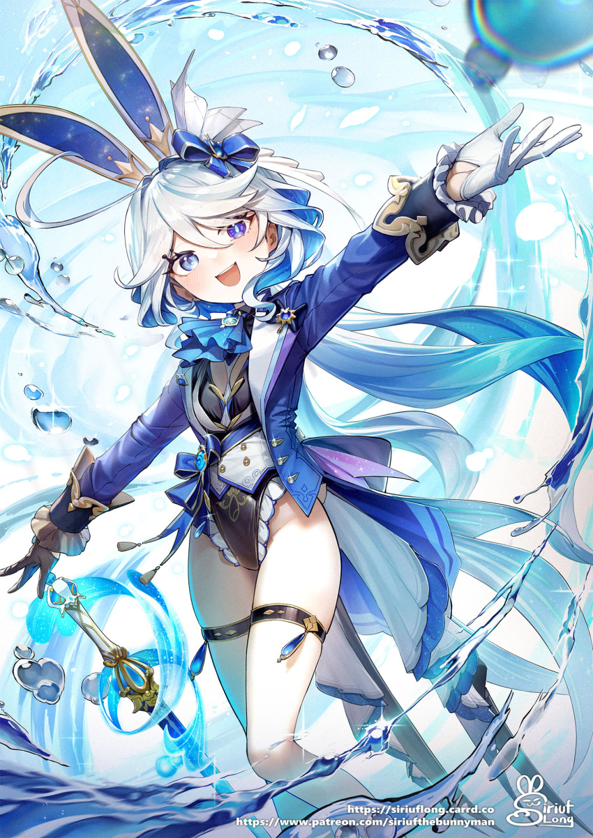 :d alternate_costume animal_ears ascot asymmetrical_gloves black_leotard blue_ascot blue_eyes blue_gemstone blue_hair blue_jacket blush breasts coattails colored_inner_hair drop-shaped_pupils female film_grain furina_(genshin_impact) gem genshin_impact gloves hair_ornament hand_on_hilt heterochromia highres hydrokinesis jacket leotard long_hair looking_at_viewer medium_breasts mismatched_gloves multicolored_hair open_mouth outstretched_arms patreon_username rabbit_ears signature siriuflong smile solo splendor_of_tranquil_waters_(genshin_impact) symbol-shaped_pupils thigh_strap vision_(genshin_impact) water white_hair