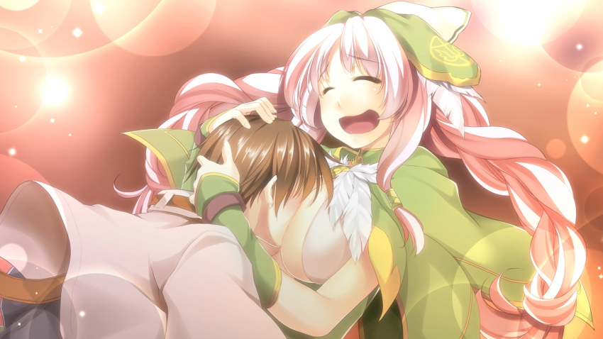 1boy ^_^ alto_travers arms_around_neck atelier-moo between_breasts blush braid breasts brown_hair cleavage closed_eyes covering_face dress face_between_breasts female hair_ribbon hand_on_another's_head head_between_breasts highres hug large_breasts long_hair nina_lazydaisy open_mouth pink_hair ribbon short_hair smile standing twin_braids wince wizards_symphony