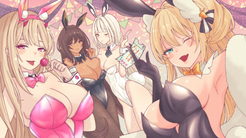 4girls 777_(nikke) animal_ears ascot bare_shoulders black_ascot black_bow black_bowtie black_gloves black_leotard blanc_(nikke) blonde_hair bow bowtie breasts brown_eyes brown_hair brown_pantyhose candy cleavage dark-skinned_female dark_skin detached_collar earrings fake_animal_ears fake_tail fishnet_pantyhose fishnets food gloves goddess_of_victory:_nikke green_eyes hair_intakes hair_ornament highleg highleg_leotard holding holding_candy holding_food holding_lollipop horns i_(kotombre_0370) jewelry large_breasts leotard light_brown_hair lollipop long_hair medium_breasts multiple_girls noir_(nikke) oerba_yun_fang official_alternate_costume one_eye_closed pantyhose pink_bow pink_bowtie pink_eyes pink_horns pink_leotard playboy_bunny ponytail rabbit_ears rabbit_tail rupee_(nikke) rupee_(rabbit_deluxe)_(nikke) strapless strapless_leotard tail ticket very_long_hair viper_(nikke) viper_(toxic_rabbit)_(nikke) white_hair white_leotard wrist_cuffs yellow_bow yellow_bowtie yellow_eyes