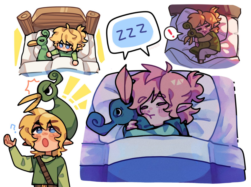 avian beak bed blonde_hair blue_eyes closed_eyes clothing duo ezlo furniture hair hat headgear headwear hi_res hug humanoid humanoid_pointy_ears hylian light_body light_skin male minish_cap nintendo open_mouth pillow shmeckdoesstuff sleeping speech_bubble the_legend_of_zelda tired toon_link wind_waker