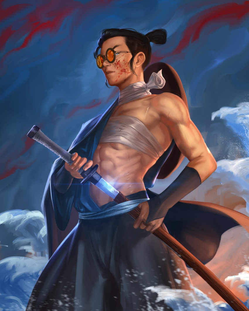 abs absurdres black_hair blood blood_on_face blue_eye_samurai blue_eyes blue_kimono breasts bridal_gauntlets caio_santos female fighting_stance glasses highres holding holding_weapon japanese_clothes katana kimono looking_at_viewer mizu_(blue_eye_samurai) muscular muscular_female orange-framed_eyewear orange-tinted_eyewear ponytail ready_to_draw samurai sarashi scar sheath small_breasts solo sunglasses sword tinted_eyewear weapon