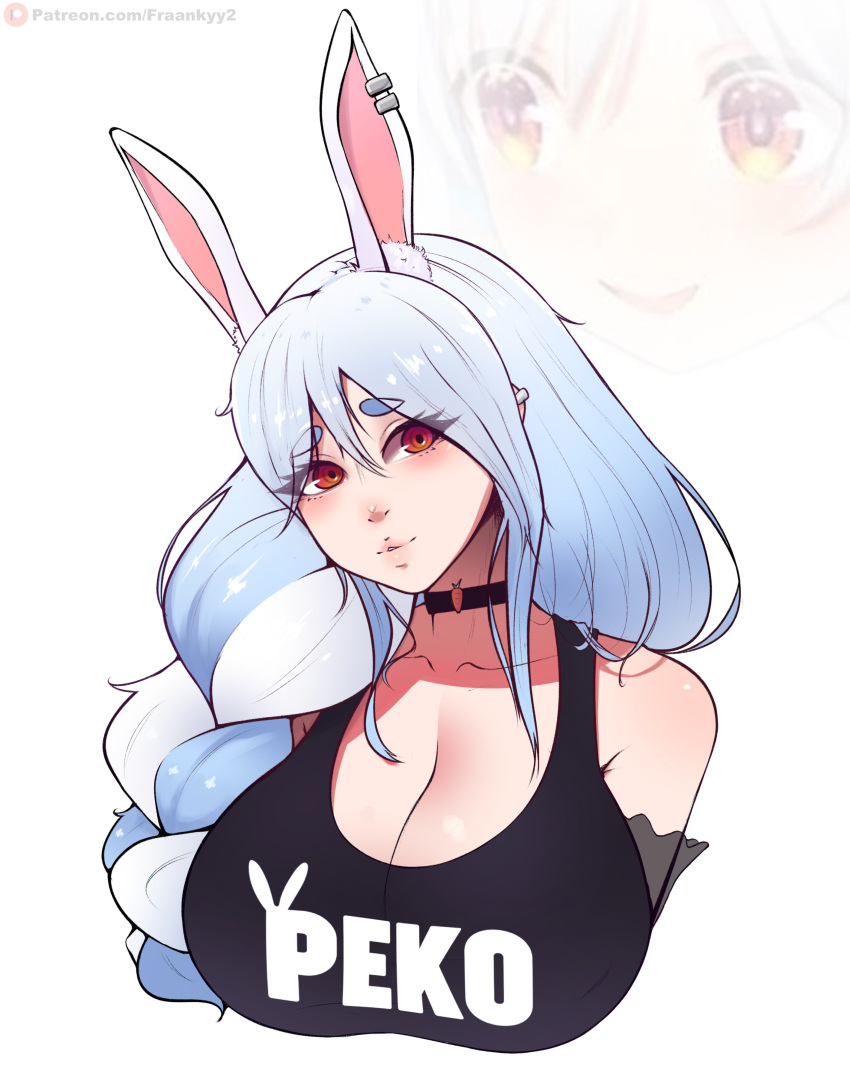 absurdres alternate_costume animal_ear_fluff animal_ears black_shirt blue_hair braid breasts choker female fraankyy highres hololive large_breasts looking_at_viewer mature_female meme multicolored_hair ogey_rrat_(meme) pekomama rabbit_ears rabbit_girl red_eyes shirt short_eyebrows smug solo streaked_hair thick_eyebrows upper_body usada_pekora virtual_youtuber white_hair