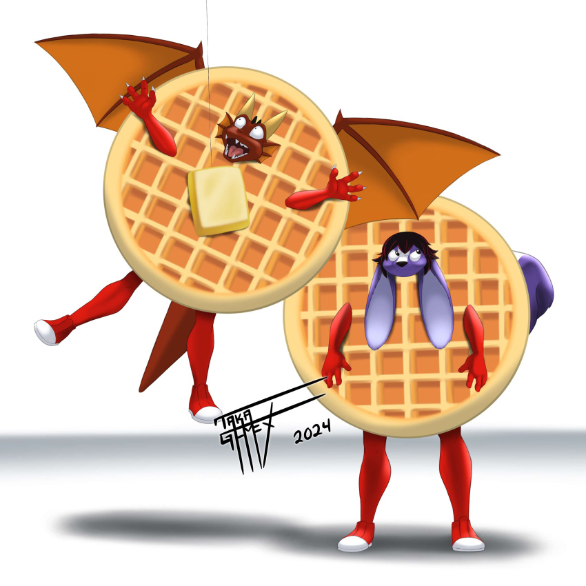 1:1 absurd_res anthro butter butter_lure clothing costume crimson_dragonheart dairy_products dragon duo eggo female food food_costume hi_res lure male mammal membrane_(anatomy) membranous_wings mythological_creature mythological_scalie mythology rodent scalie sciurid tail taka_studio tree_squirrel waffle waffle_costume wendy_(snowradish) wings