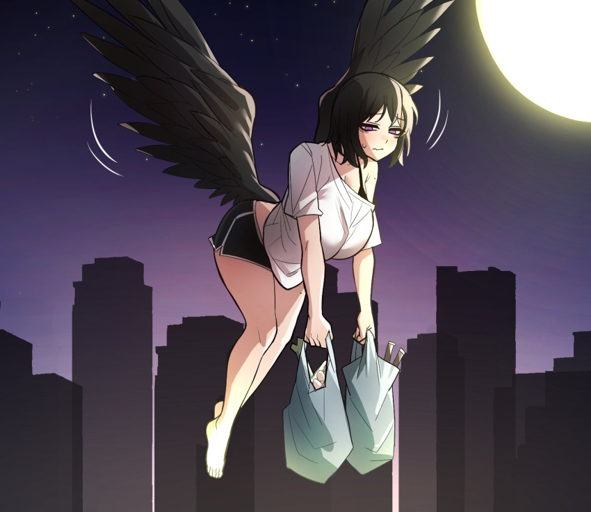 bag barefoot black_hair black_shorts black_wings bra_strap breasts cityscape collarbone commission feathered_wings female flying grocery_bag highres holding holding_bag large_breasts low_wings mole mole_on_body moon night night_sky original purple_eyes shirt shopping_bag short_sleeves shorts single_off_shoulder sky solo spring_onion star_(sky) sung08ko sweatdrop white_shirt wings