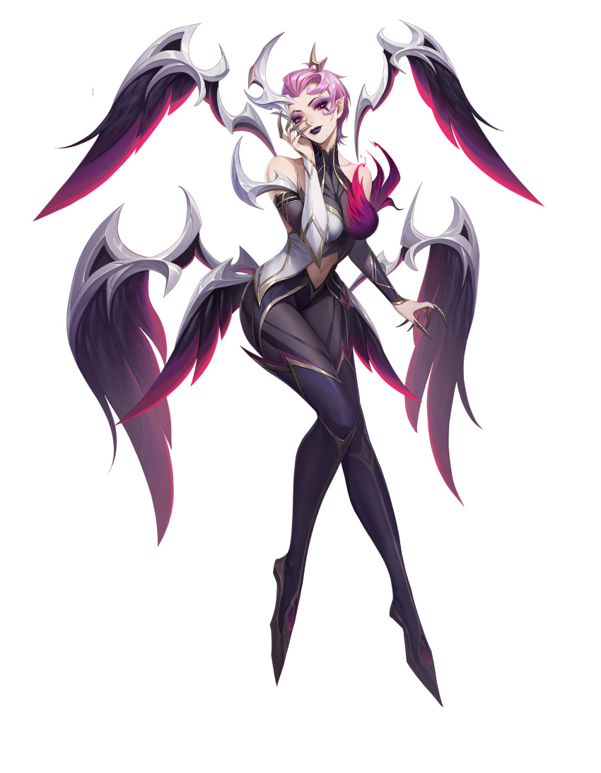 absurdres bare_shoulders breasts claws clothing_cutout coven_elise detached_sleeves elise_(league_of_legends) eyeshadow female highres league_of_legends looking_at_viewer makeup medium_breasts navel navel_cutout official_alternate_costume pink_hair pointy_ears purple_eyeshadow purple_lips red_eyes rekaerb_maerd short_hair solo transparent_background