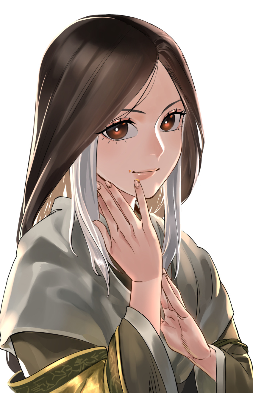 brown_eyes brown_hair closed_mouth commentary crumbs divine_child_of_rejuvenation english_commentary female highres japanese_clothes kimono long_hair long_sleeves looking_at_viewer m0biuzz multicolored_hair parted_bangs sekiro:_shadows_die_twice smile solo white_background white_hair