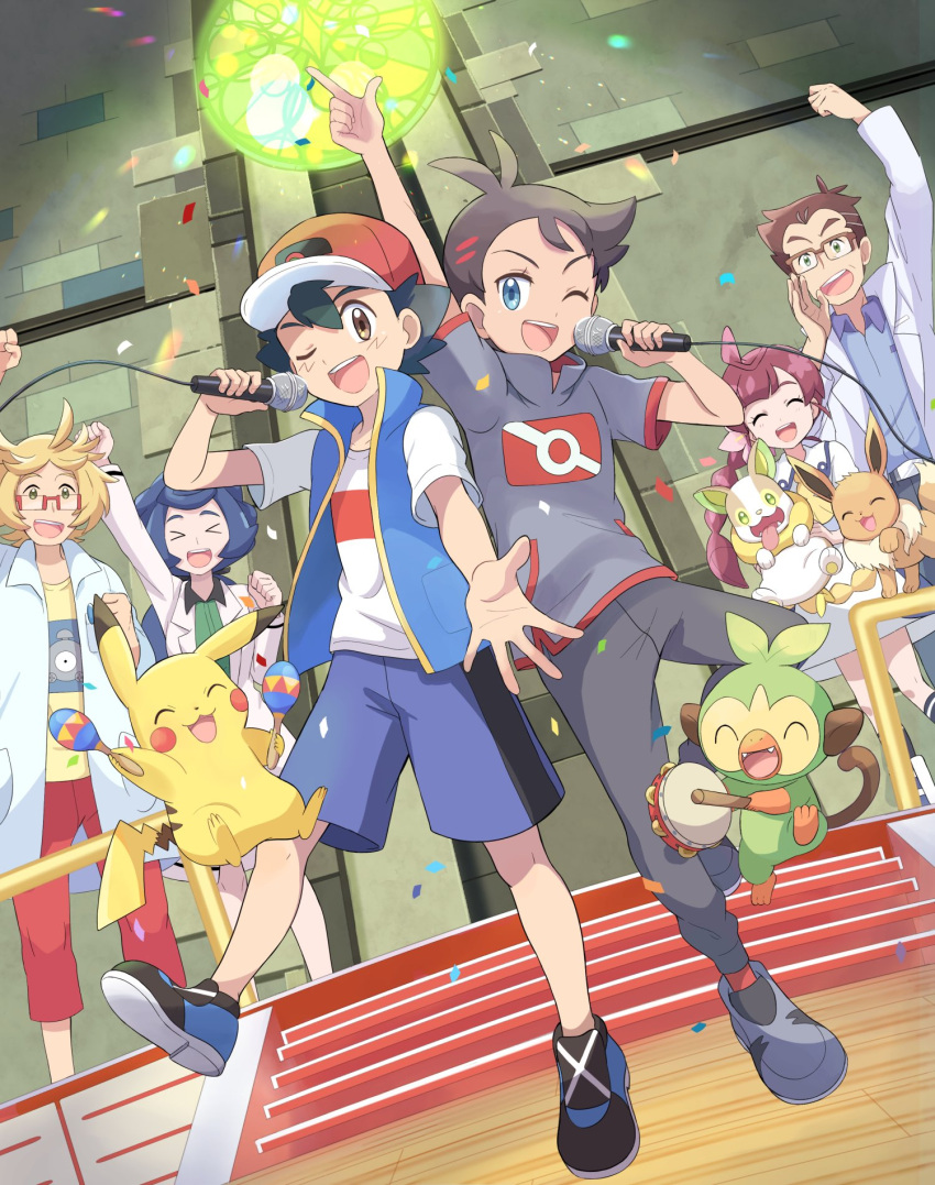 >_< 2girls 4boys ;d black_footwear black_hair blue_jacket brown_eyes capri_pants cerise_(pokemon) character_print chloe_(pokemon) chrysa_(pokemon) commentary_request confetti eevee father_and_daughter goh_(pokemon) grookey hat highres holding holding_microphone indoors instrument jacket knees labcoat magnemite maracas mei_(maysroom) microphone multiple_boys multiple_girls music one_eye_closed open_mouth pants pikachu pokemon pokemon_(anime) pokemon_(creature) pokemon_swsh_(anime) red_headwear red_pants rei_(pokemon) satoshi_(pokemon) shirt shoes short_hair short_sleeves shorts singing sleeveless sleeveless_jacket smile stairs standing t-shirt tambourine teeth tongue upper_teeth white_shirt yamper