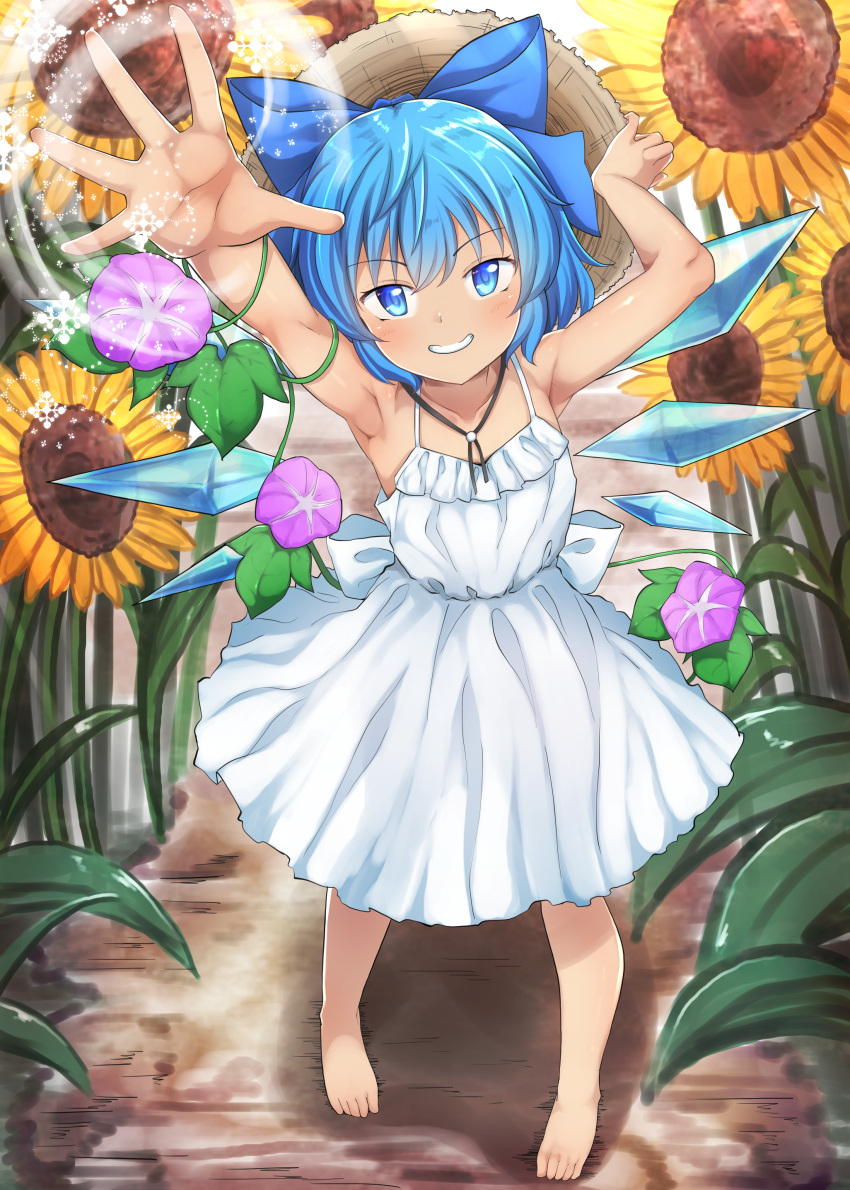 absurdres armpits arms_up bare_shoulders barefoot blue_bow blue_eyes blue_hair blush bow brown_hat cirno closed_mouth dress female flower hair_between_eyes hands_up hat highres ice ice_wings leaf light looking_at_viewer magic morning_glory outdoors pechimaru pink_flower purple_flower short_hair sleeveless smile snowflakes solo standing straw_hat sunflower sunlight tan tanned_cirno teeth touhou white_bow white_dress wings yellow_flower