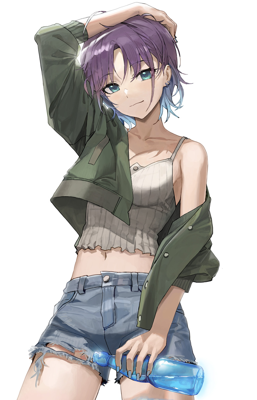 animal_ears asakura_toru blue_hair bottle breasts camisole cleavage collarbone crop_top denim denim_shorts female gradient_hair green_jacket hand_on_own_head highres holding holding_bottle idolmaster idolmaster_shiny_colors jacket jacket_partially_removed light_smile looking_at_viewer medium_breasts multicolored_hair navel purple_hair ramune ribbed_camisole short_hair shorts simple_background solo torn_clothes torn_shorts yinrain0023