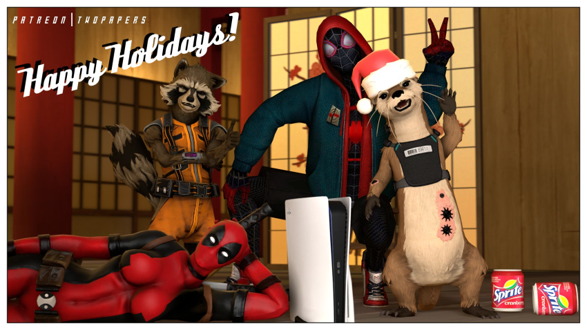 16:9 3d_(artwork) anthro beverage_can border bottomless breasts brown_body brown_fur can christmas christmas_clothing christmas_headwear clothed clothing console_on_ground container deadpool digital_media_(artwork) electronics female fur game_console gesture group guardians_of_the_galaxy hand_gesture hand_on_head hat headgear headwear hi_res holidays human looking_at_viewer lying lylla male mammal marvel melee_weapon miles_morales mustelid on_side one_eye_closed otter playstation playstation_5 playstation_console procyonid ps5_console raccoon rocket_raccoon santa_hat scar semi-anthro sony_corporation sony_interactive_entertainment spider-man_(series) sprite_cranberry standing sword thumbs_up twopapers weapon white_border widescreen wink