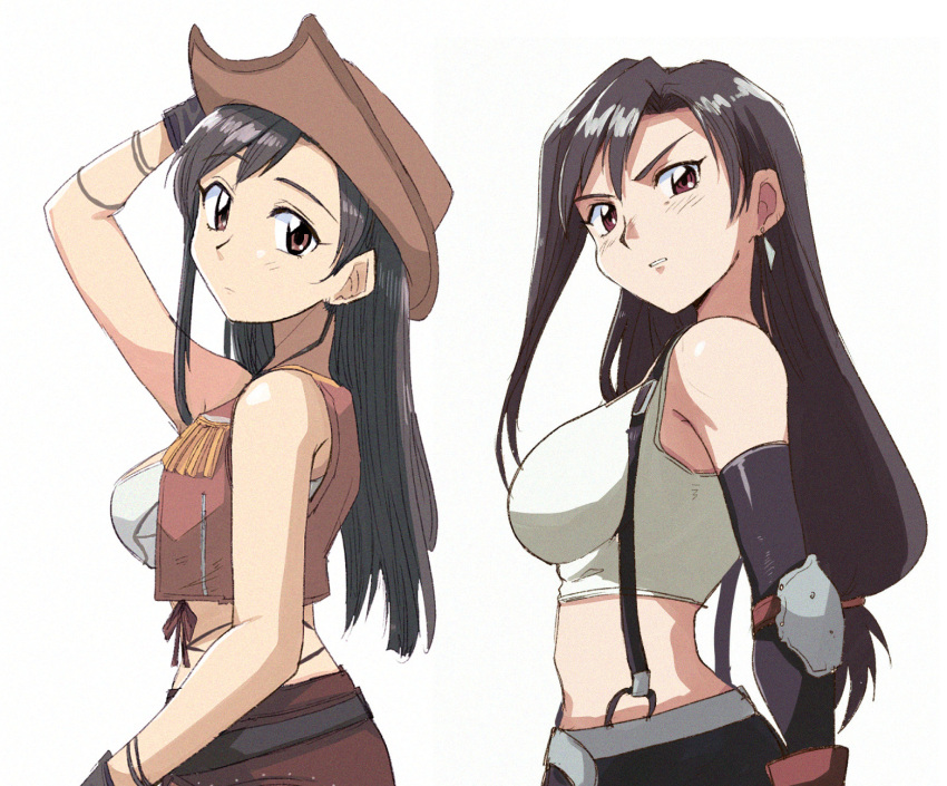 1990s_(style) arm_guards armpits bare_shoulders belt black_hair black_skirt breasts brown_eyes collarbone cowboy_hat cowgirl_(western) crop_top curious earrings female film_grain final_fantasy final_fantasy_vii fur_trim hat highres jewelry large_breasts long_hair looking_at_viewer low-tied_long_hair midriff miniskirt multiple_views navel pencil_skirt pleated_skirt protected_link retro_artstyle serious shirt skirt sleeveless sleeveless_shirt smile sports_bra suspender_skirt suspenders tifa_lockhart tifa_lockhart_(cowgirl) tsubobot very_long_hair white_shirt